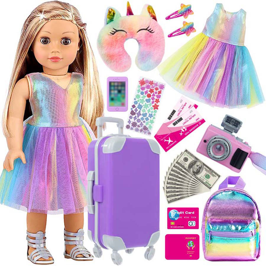 Laptop Accessories For Girls - ชุดเสื้อผ้าและอุปกรณ์เสริมสำหรับตุ๊กตาขนาด 18 นิ้ว ชุดกระเป๋าเดินทางสำหรับตุ๊กตา ประกอบด้วย หมอน
